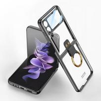 Capa Samsung Galaxy Z Flip 4 Flip4 5g dėklas su stiklu padengtas permatomas žiedinis stovo laikiklio apsauga kompiuterio dangtelis For Galaxy Z Flip 4 juoda