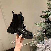 Krazing Pot Cow Leather Winter Shoes Thick Med Heels Handsome Lace Up British School Platform Women  Ankle Boots 34 juoda