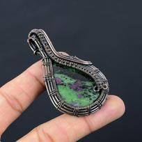Ruby Zoisite Gemstone Pure Copper Wire Wrapped Handmade Pendant Jewelry For New Year Gift 2.83 Inches žalia