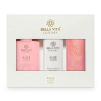 „Bella Vita Luxury Rose“ dovanų rinkinys su citrusinio apelsino ir muskuso kūno prausikliu 200 ml giliam valymui, EDP kvepalais 100 ml ir kūno losjonu 200 ml