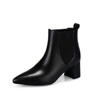 Krazing Pot Cow Leather Winter Pointed Toe Thick Med Heels Chelsea Boots Women Slip on Big Size Retro Concise Style Ankle Boots 34 juoda