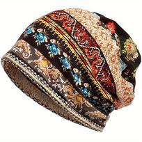 Bohemia Soft Flower Print Sleep Beanie Hat, Bohemia soft flower print sleep beanie Hat chaki