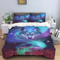 Wolf Kamado Nezuko Bedding Set Anime Demon Slayer Printed Duvet Covers Pillowcases Comforter Bedding Set Bedclothes Bed Linen EU single(135x200cm) blue
