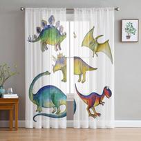 Mielos animacinių filmų dinozaurų tiulio užuolaidos gyvenamajam miegamajam Kalėdų šifono permatomos galios virtuvės užuolaidos 135W x 114H(cm) white