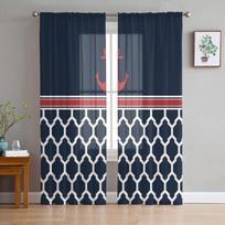 Tamsiai mėlynos dryžuotos inkarų permatomos užuolaidos svetainei, miegamajam, vaikų kambariui, tiulinės langų dekoracijos, užuolaidos 135W x 114H(cm)