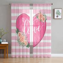 Valentine'S Day Love Watercolor Flower Stripe Modern Tulle Curtains for Living Room Bedroom Home Kitchen Window Sheer Curtains 135W x 114H(cm) pink