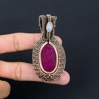Ruby & Moonstone Gemstone Pure Copper Wire Wrap Handmade Unique Jewelry Pendant 2.56 rožinė