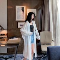Sunscreen Clothing Women's Knee Long Shirt Cardigan Thin Jacket Summer Shawl Chiffon Sunscreen Shirt L smėlis
