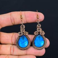 Blue Topaz Gemstone Handmade Pure Copper Wire Wrapped Earrings Jewelry For Memorial Day 2.68 Inches mėlyna