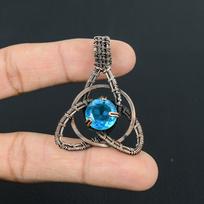 Faceted Blue Topaz Gemstone Handmade Pure Copper Wire Wrap Jewelry Pendant For Women 2.56 Inches mėlyna