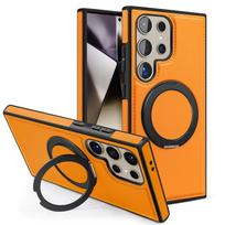 „Magsafe“ magnetiniam apvalkalui „Samsung Galaxy S24 S23 S22 Ultra Plus Pu Hybrid Tpu“ atsparus smūgiams 360 ° besisukantis metalinis stovo korpuso dangtelis Samsung S24 Ultra oranžinė