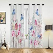 Pink Tulip And Butterflies Window Curtains For Living Room Bedroom Luxury Modern Kitchen Curtains Fabric Drapes 135W x 60H(cm) x1 gray