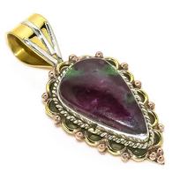 Ruby In Zoisite Lab-Created 925 Sterling Silver Gift Two Tone Pendant 1.50  d9V19