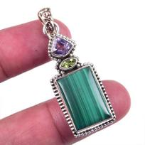 Natural Malachite,Peridot Gemstone 925 Solid Sterling Silver Pendant 1.75'' A6Y11 blue
