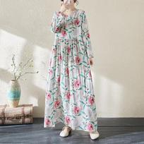 Lazy Wind Pleated High-waisted Thin Fashion Dress Literary Sweet Temperament Printing Ageing Leisure Big Swing Skirt Female L balta/raudona
