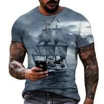 Vintažiniai vyriški marškinėliai su 3D spausdinimu „Pirate Ship Crew“ kaklo trumpomis rankovėmis marškinėliai vyrams, dideli viršutiniai marškinėliai S