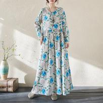 Lazy Wind Pleated High-waisted Thin Fashion Dress Literary Sweet Temperament Printing Ageing Casual Swing Dress Female L mėlyna/balta