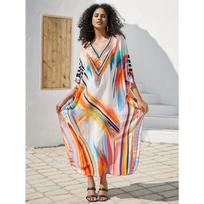 Moteriškas Boho stiliaus užmetamas drabužis, Didelio dydžio abstraktus raštas V formos iškirptė laisvo kirpimo atostogų paplūdimio kaftano suknelė One-size įvairiaspalvis