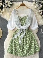 Mielos naujos gėlėtos dviejų dalių suknelės moterims vasarai, liekninančios, atostogų mada, elegantiškos A silueto, paplūdimio vakarėlio drabužiai One Size žalia