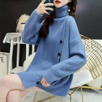 Sweater Women Loose Outside Wear Lazy Wind Set Head High Collar Korean Version of Thickened Knitted Tops S mėlyna