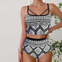 Moteriški maudymosi kostiumėliai Tankini 2 dalių maudymosi kostiumėlis Black Diamond Lines Spausdinti atostogų maudymosi kostiumėliai S juoda