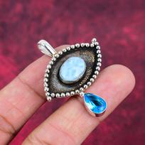 Larimar, Blue Topaz Pendant, 925 Solid Sterling Silver Gemstone Jewelry, Handmade Pendant, For Thanksgiving 1.96 Inches mėlyna