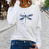 Tops For Women Colorful Love Dragonfly Print Round Neck Long Sleeve T-shirt Fall Casual Slim Pullover Women's Long Sleeve Top 8XL pilka