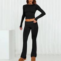 Women's 2 Piece Sets Flare Pants Set Long Sleeve Cropped Top Casual Outfits Pajamas S juoda