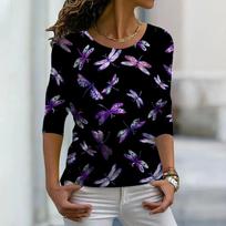 Women Autumn Tops Loose Purple Dragonfly Print Causal Long Sleeve T-shirt Top Blouse 8XL įvairiaspalvis