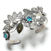 Labradorite, Topaz Gemstone 925 Sterling Silver Cuff Bangle Adjustable k9H25
