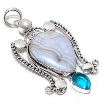 Blue Lace Agate, Blue Topaz 925 Sterling Silver Jewelry Pendant 3.43  e9z54