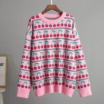 Autumn New Round Neck Cherry Print Pullover Sweaters Women Winter Fashion Vintage Knitted Sweater Women Elegant Sweet Loose Warm Casual Knitwear 24659 S rožinė