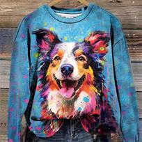 PLstar Cosmos 3D Printed Animal Series Cute Color Dog Pattern Print Women's Round Neck Long Sleeve Casual Top New D-6 S
