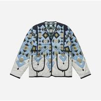 Japanese Fashion Printed Double Sided Jacket Pocket Autumn Retro Patchwork V-neck Clothes Chic Women New Long Sleeve Casual Elegant Coat S balta/mėlyna