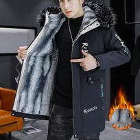 Vyriška žieminė plius pūkeliais pašiltinta sutirštinta gobtuvu striukė apykakle ilga striukė su raštu su abėcėlės atspaudu parkas L juoda