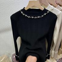 Autumn New Beading Long Sleeve Knitted Sweater Women Winter Slim Fit Base Pullover Sweaters for Women Fashion Elegant Solid Warm Jumpers Tops 24868 One Size juoda