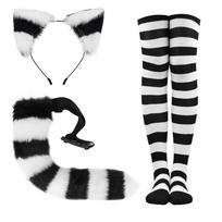 Striped Cat Ears Cat Tail Stocking Set Cute Knee High Socks Halloween Party Props juoda