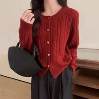 Retro Soft Waxy Love Color Button Twist Knitted Cardigan Sweater Women's Autumn and Winter Design Sense Niche Fashion Commuter ONE SIZE raudona