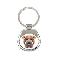 Shar Pei - geometrinis raktų pakabukas su nuotrauka ir užrašu Art-Dog balta