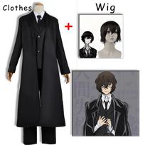 Anime Bungo Stray Dogs Dazai Osamu Cosplay Costume Long Jacket Coat Suits Outfit Uniform Halloween Christmas Party Clothes L-(Full set+wig) black