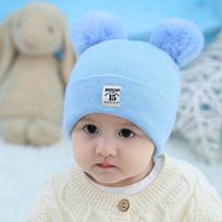Winter Children Warm Baby Knitted Hats With Pom Pom Kids Knit Beanie Hats Solid Color Infant Hat For Boys Girls dangaus mėlyna spalva