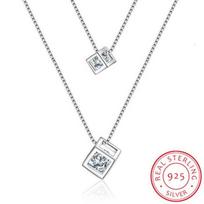925 Sterling Silver Square Cube Zirconia Choker Statement Necklace For Women Double Layer Pendants &Necklaces S -N209 balta