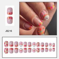 24pcs Press On Nails Short Square Nail Garland Cute Pink Rabbit Carrot Cross-Border Nail Art Wearable Nails Removable Nail Art beige