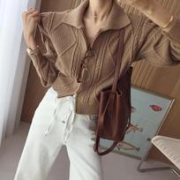 Autumn Korean Slim Retro Lapel Knitted Sweater Women Designer Fashion Solid Long Sleeve Cardigan Female Vintage Zipper Knit Coat One size chaki