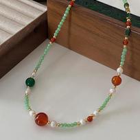 Dopamine Collarbone Chain Colored Natural Stone Beaded Red Agate Pearl Necklace Summer Freshwater High-End Sweater Chain Women gray