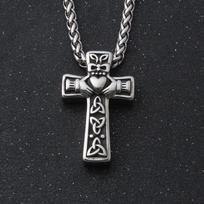 Norse Mythology Viking Celtic Claddagh Cross Necklace with Trinity Pattern Mens Nordic Compass Wolf Gungnir Protection  Pendant black