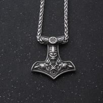 Norse Mythology Viking Chain Necklace Pendant Mens Nordic Compass Thors Hammer Necklace - Helmet of Terror gray