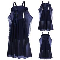 Women's Fashion Halloween Performance Costume Vintage Gothic Solid Colour Patchwork Dresses XL mėlyna