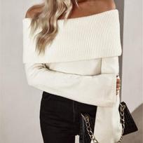 Autumn Winter Slim Fit Fashion Sexy Knitted Sweater Women Long Sleeve Pullover Women's Sweaters Elegant Off Shoulder Solid Slash Neck Knitwears 25066 S smėlis