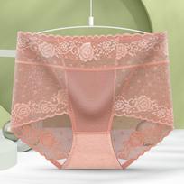French Sexy Lace Women's Hip Lifting Underwear Mid High Waist Plus Size Seamless Mesh Antibacterial Cotton Triangle Pants XL rožinė